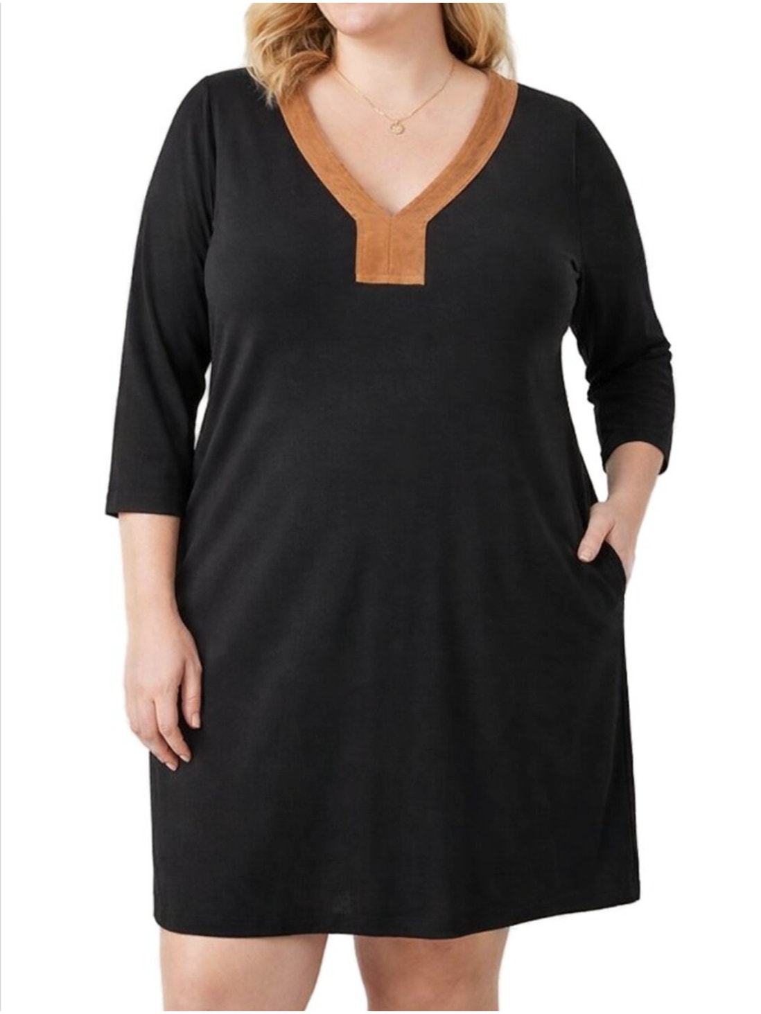 Lauren Ralph Lauren Shift Dress 2x Black Faux Suede Trim V Neck Pocket Dress